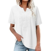 Žene padajući modni ljetni V-izrez kratki rukav pamuk posteljina od pune casual majica bluza bijela