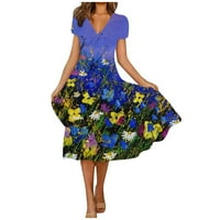 Žene Ljetna haljina Ženska ljetna casual moda cvjetni print kratkih rukava V-izrez Swing haljina, kraljevska