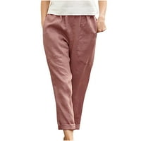 Ženske elastične strugove casual hlače Čvrsti veliki džepovi pamučne posteljine ravne hlače pantalone