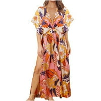 Kratka ljetna haljina za žene Žene Ljeto tiskane labave ležerne kratkih rukava visokog struka V-izreza