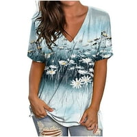 Aueoeo modne prevelike majice za žene V-izrez ljeto tiskane bluze s kratkim rukavima, Ležerne prilike,