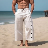 Leey-World Hlače za muškarce muške casual solidne boje devet bodova Hlače pamučne i posteljine višestruki tasteri casual pantalone hlače na plaži