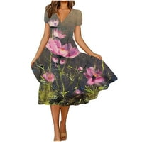 Ženske ljetne haljine kratki rukav V-izrez cvjetni haljini za cvijeće za rođendan za mamu siva xxxl