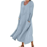 Ležerne haljine za žene Ženska modna boja dugih rukava pamučna posteljina okrugla džepna haljina