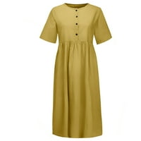 Knqrhpse Maxi haljine za žene Žene O-izrez Dugme Čista boja kratki rukav pamuk i posteljina Easy haljina