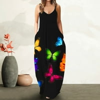 Ženska ljetna ležerna leptir tiskani boemski špagetni remen cvjetni dugi maxi haljina s džepovima