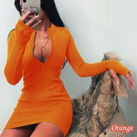 Plus veličina haljina Ženska modna seksi srednja dužina patentni zatvarač s dugim rukavom V-izrez narandžasta