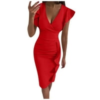 Haljina Moda New Benchmark Himeway Ženska vintage omotač V-izrez ruffle rukave Skinny Midi haljina crvena
