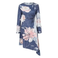 Ljetne haljine za žene okrugli vrat dugih rukava tanak nepravilni hem 3d tiskani casual comfy haljina plava 2xl