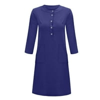 Haljine za žene V-izrez Solid A-line Dužina koljena Ležerne ljetne haljine s dugim rukavima tamno plave